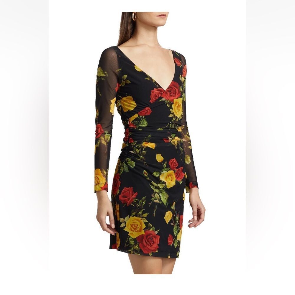 L'AGENCE Reiner Floral Roses Faux Black Long Stretch Mini Dress $525